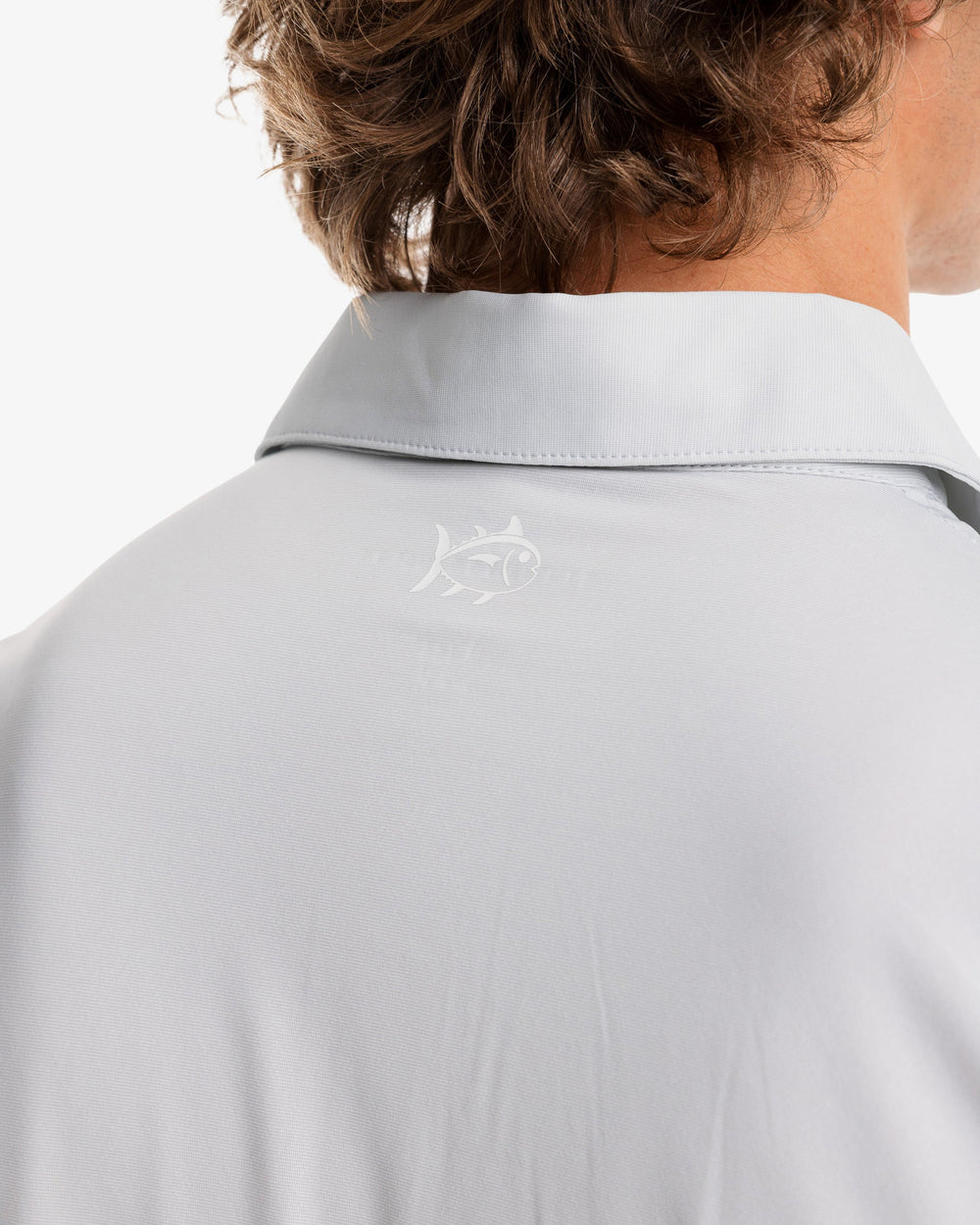 The model yoke view of the Men's Sawgrass Stripe brrr°®-eeze Performance Polo Shirt by Southern Tide - Seagull Grey