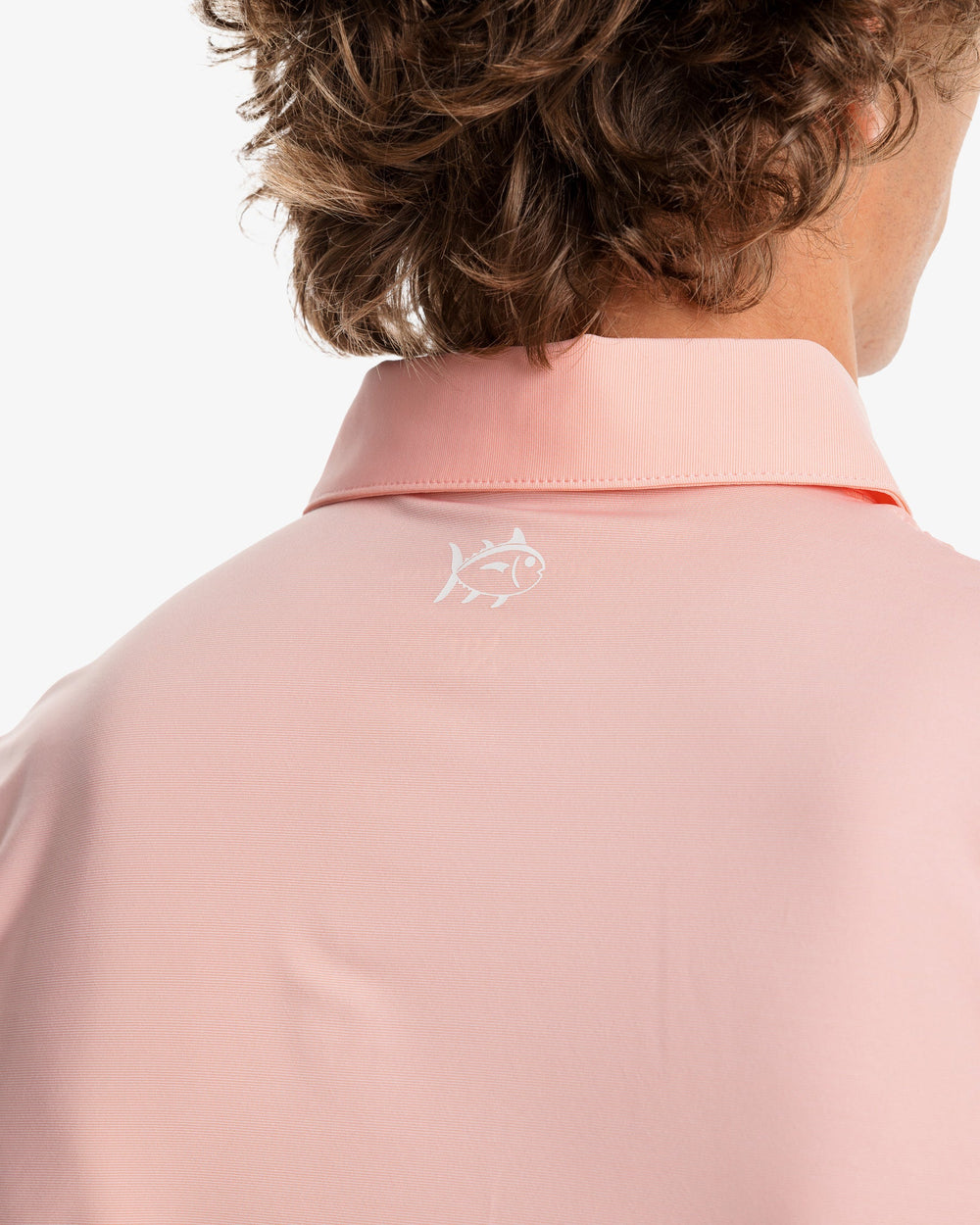 The model yoke view of the Men's Sawgrass Stripe brrr°®-eeze Performance Polo Shirt by Southern Tide - Sunbaked Sand