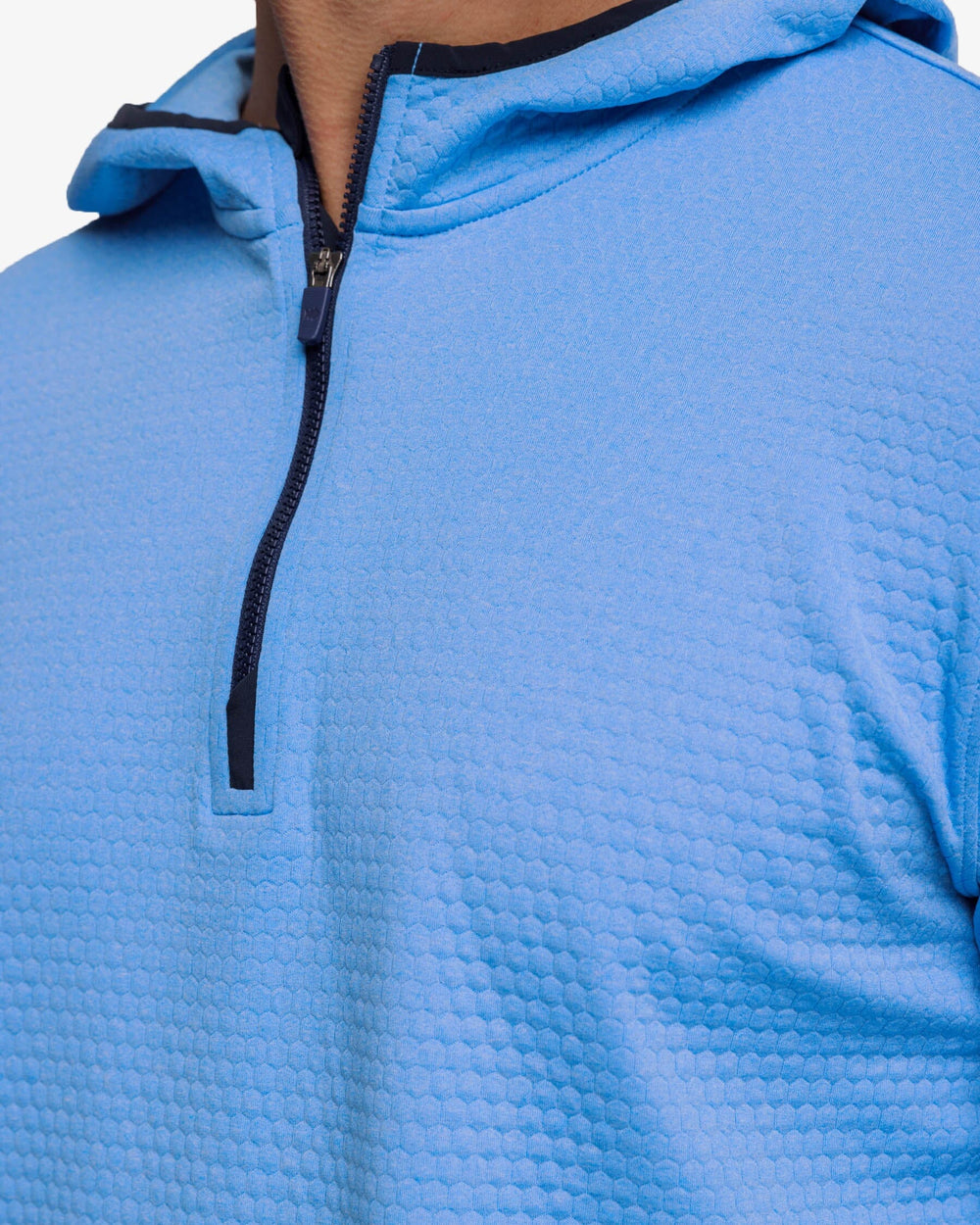 The detail view of the Southern Tide Scuttle Heather Performance Quarter Zip Hoodie by Southern Tide - Heather Boat Blue