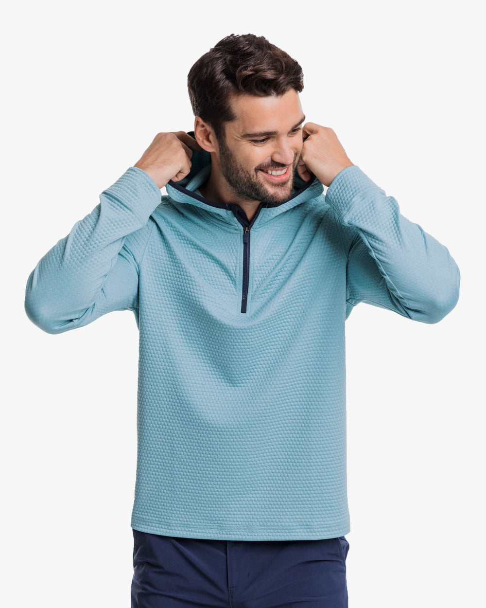 The front hood view of the Southern Tide Scuttle Heather Performance Quarter Zip Hoodie by Southern Tide - Heather Ocean Teal
