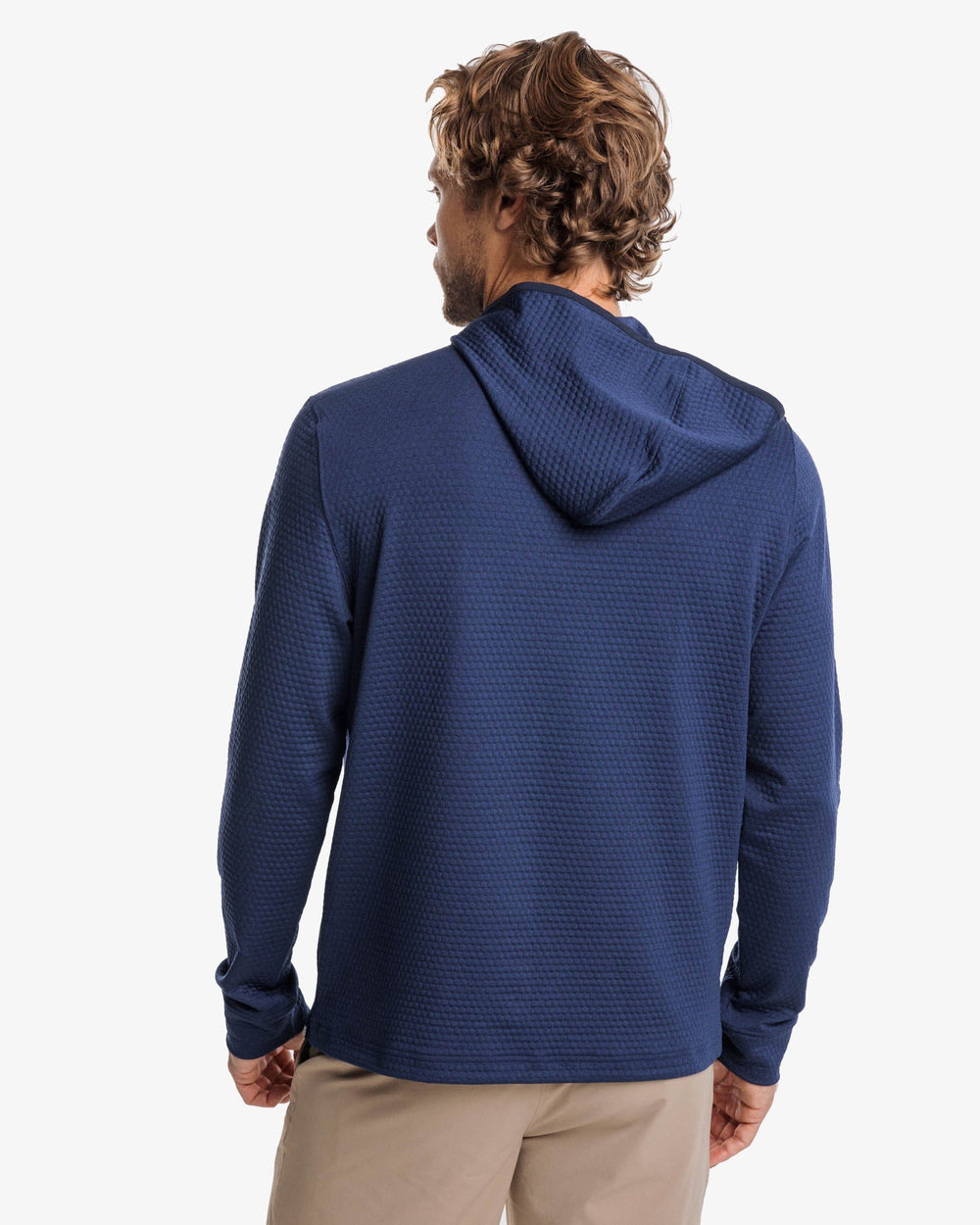 The back view of the Southern Tide Scuttle Heather Performance Quarter Zip Hoodie by Southern Tide - Heather True Navy