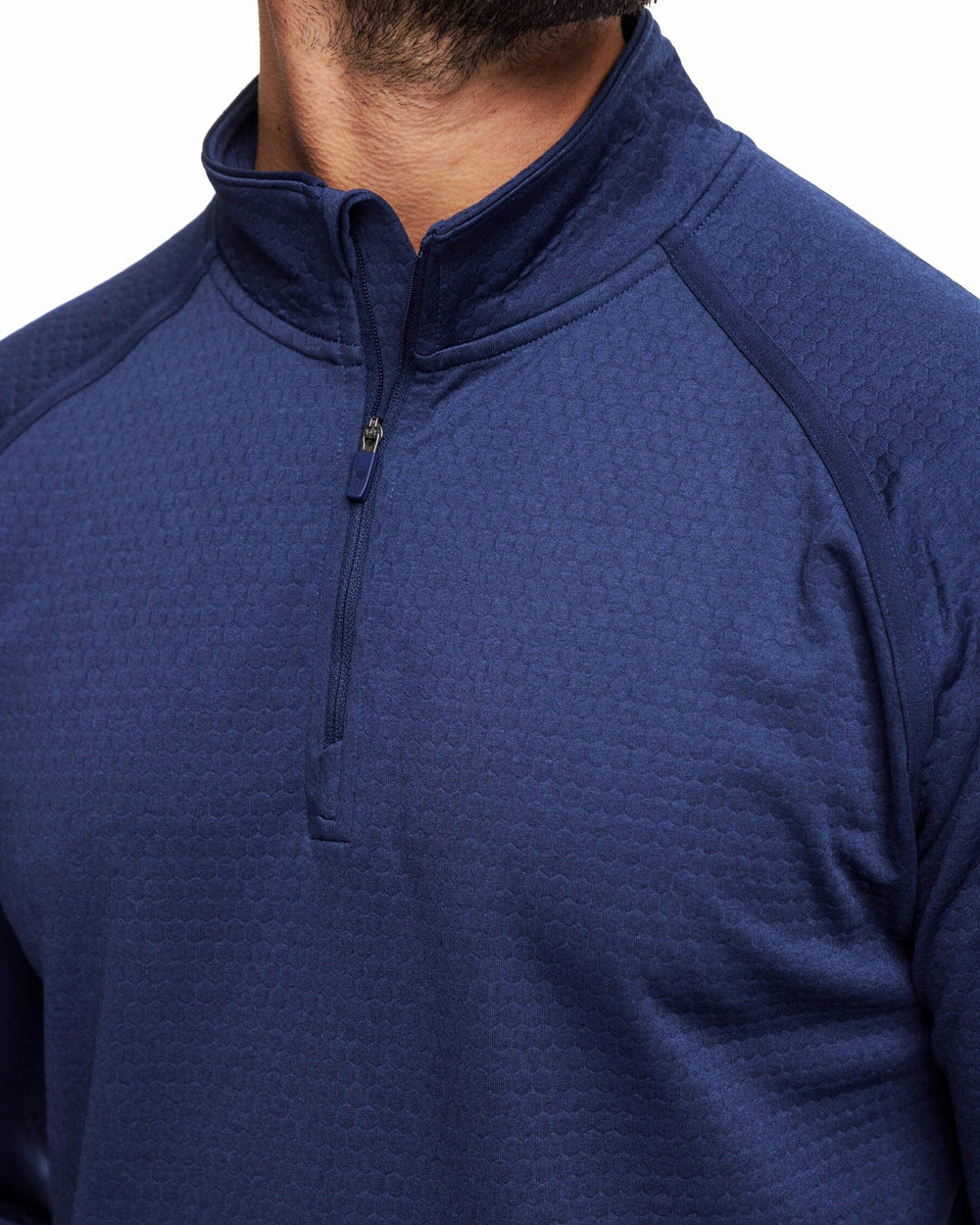 The detail view of the Southern Tide Scuttle Heather Quarter Zip Pullover by Southern Tide - Heather True Navy