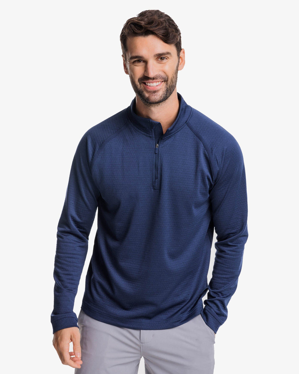 The front view of the Southern Tide Scuttle Heather Quarter Zip Pullover by Southern Tide - Heather True Navy