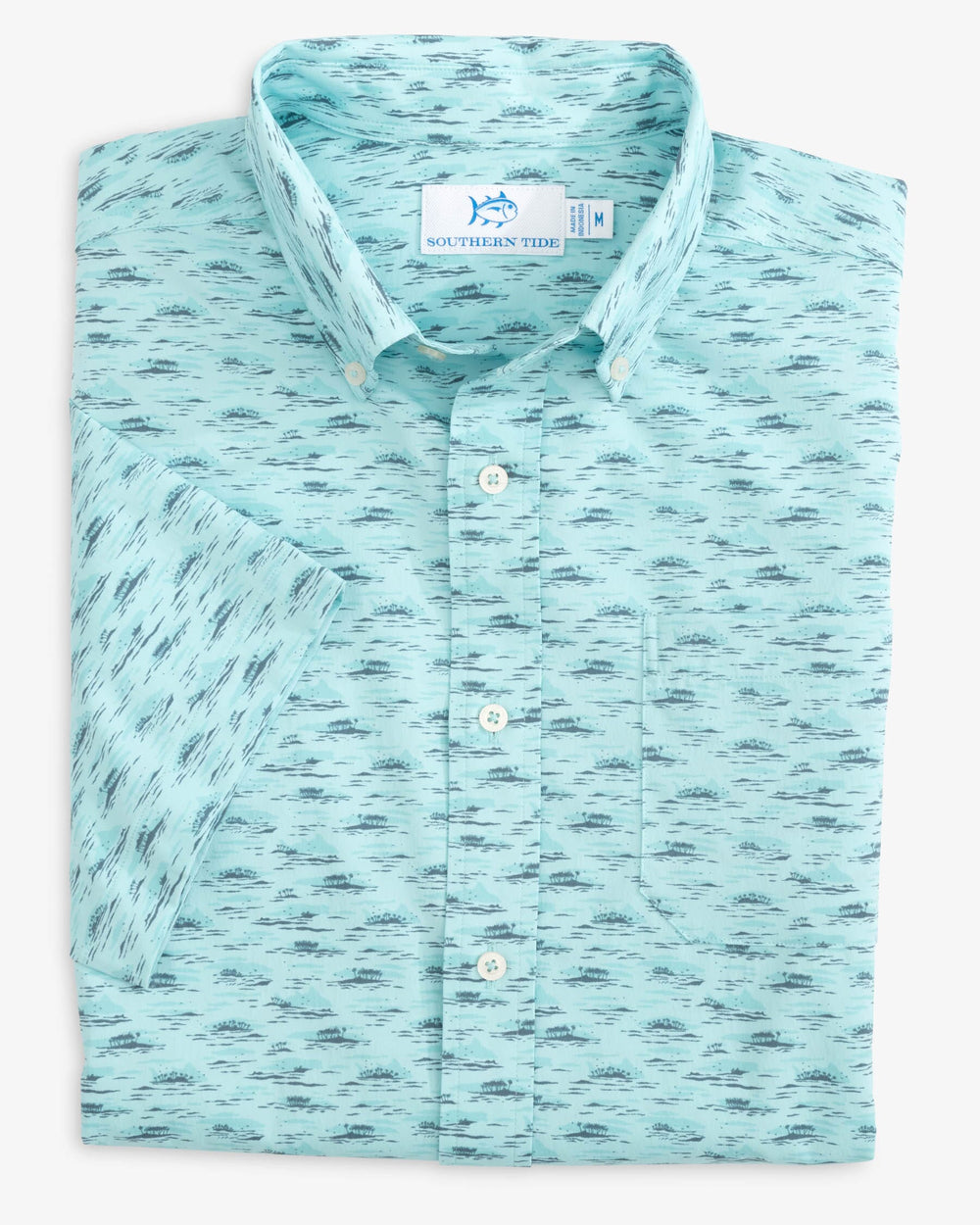 The folded view of the Southern Tide Sea Forest Intercoastal Short Sleeve Button Down Sport Shirt by Southern Tide - Turquoise Sea