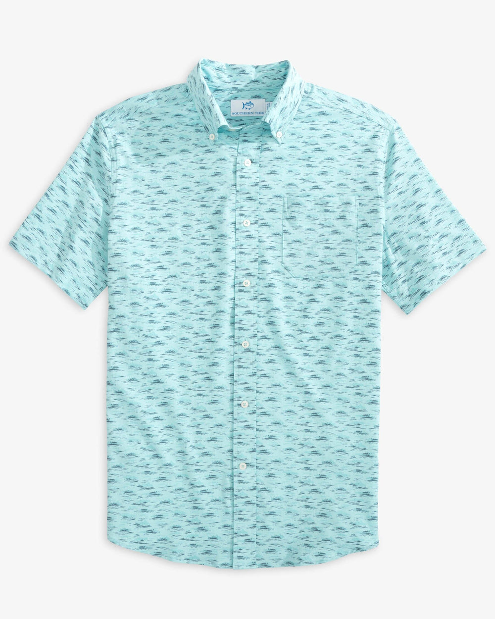 The front view of the Southern Tide Sea Forest Intercoastal Short Sleeve Button Down Sport Shirt by Southern Tide - Turquoise Sea