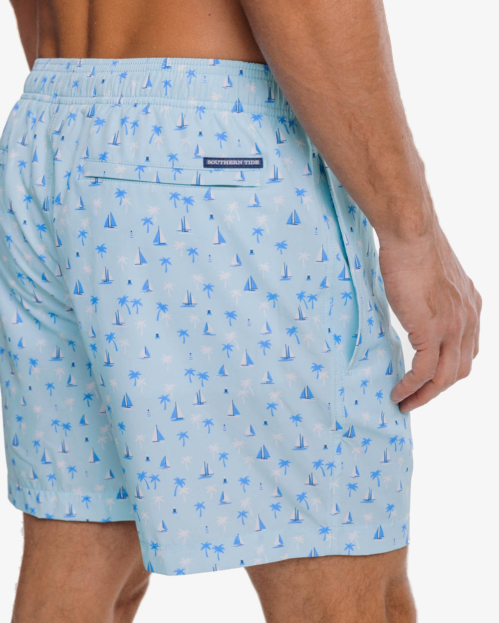 The detail view of the Southern Tide Seascape Sailing Printed Swim Trunk by Southern Tide - Baltic Teal
