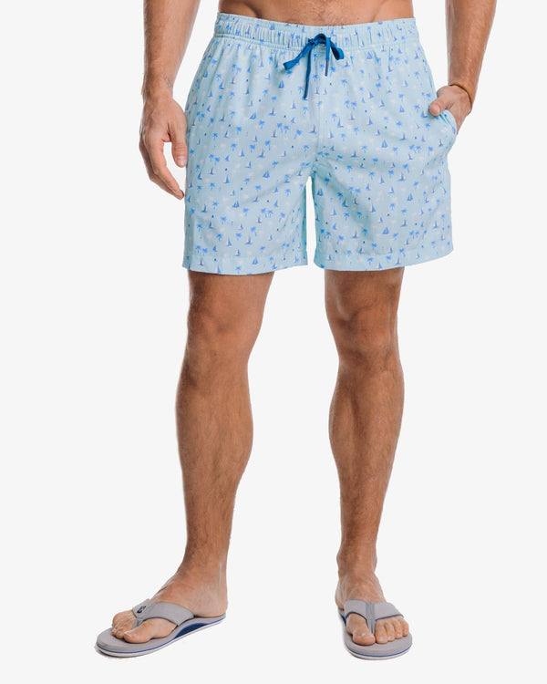 The front view of the Southern Tide Seascape Sailing Printed Swim Trunk by Southern Tide - Baltic Teal
