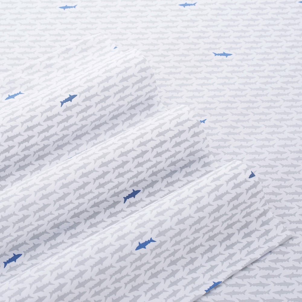 The detail view of the Shark Sighting Printed Sheet Set by Southern Tide - White/Grey