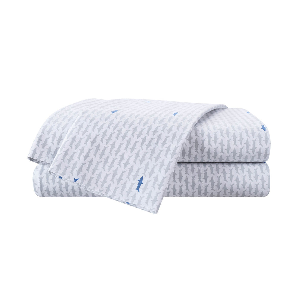 The stack view of the Shark Sighting Printed Sheet Set by Southern Tide - White/Grey