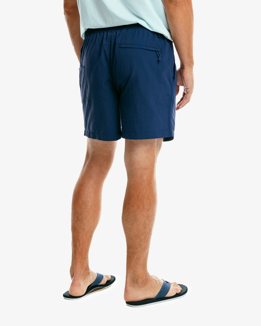 The model back view of the Men's Shoreline 6 Inch Short by Southern Tide  - True Navy