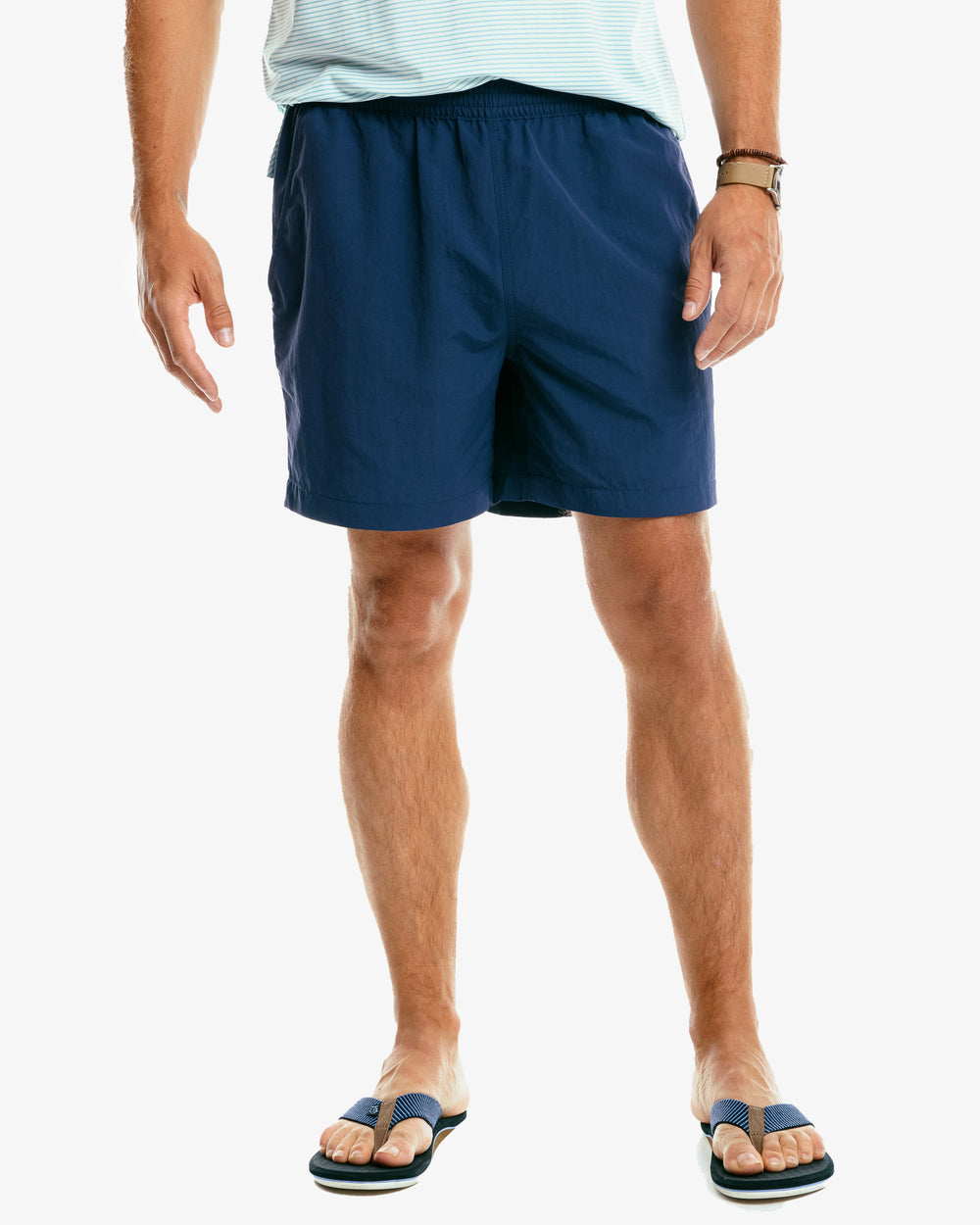The model front view of the Men's Shoreline 6 Inch Short by Southern Tide  - True Navy
