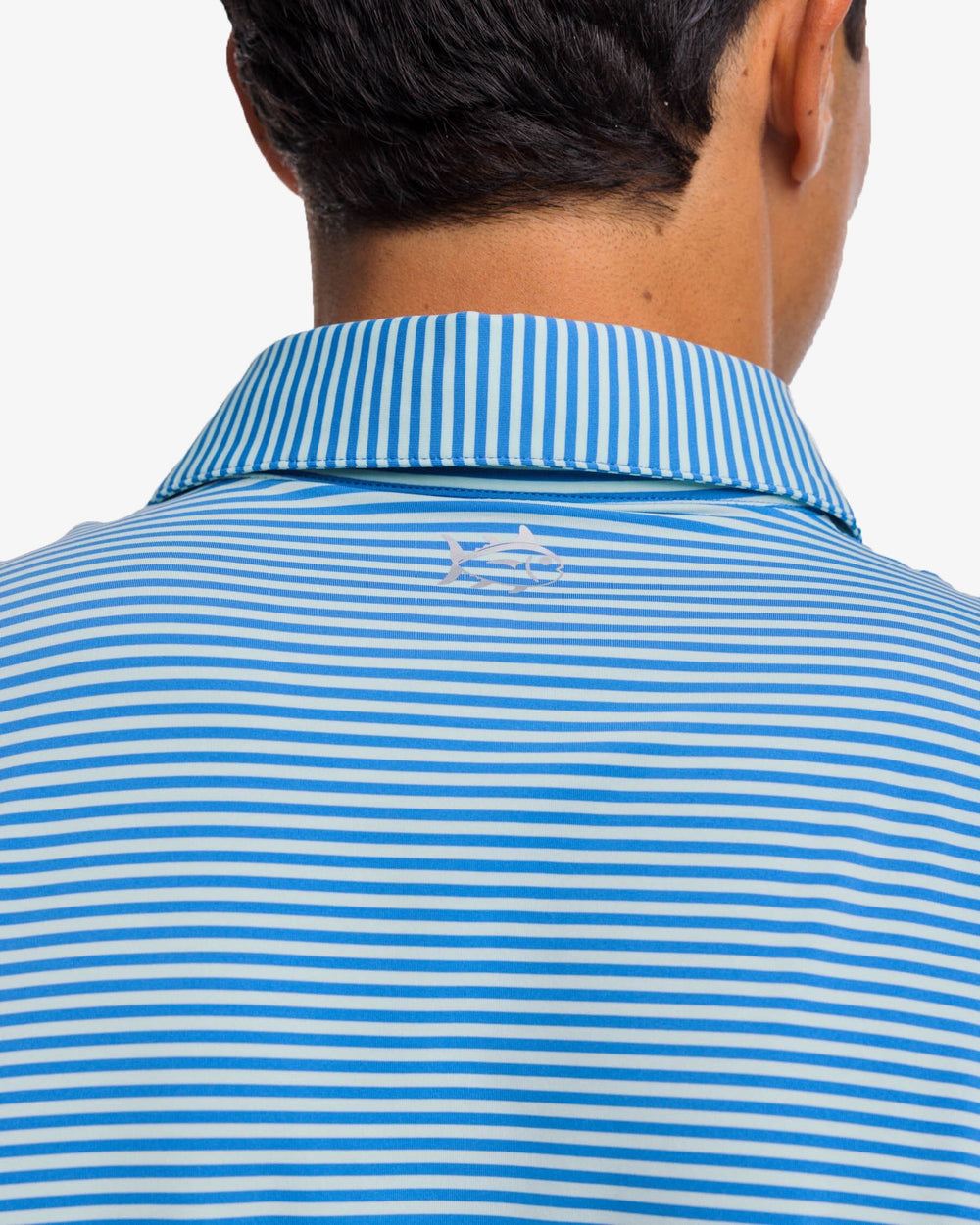 The yoke view of the Southern Tide Shores Stripe brrr eeze Performance Polo Shirt by Southern Tide - Baltic Teal