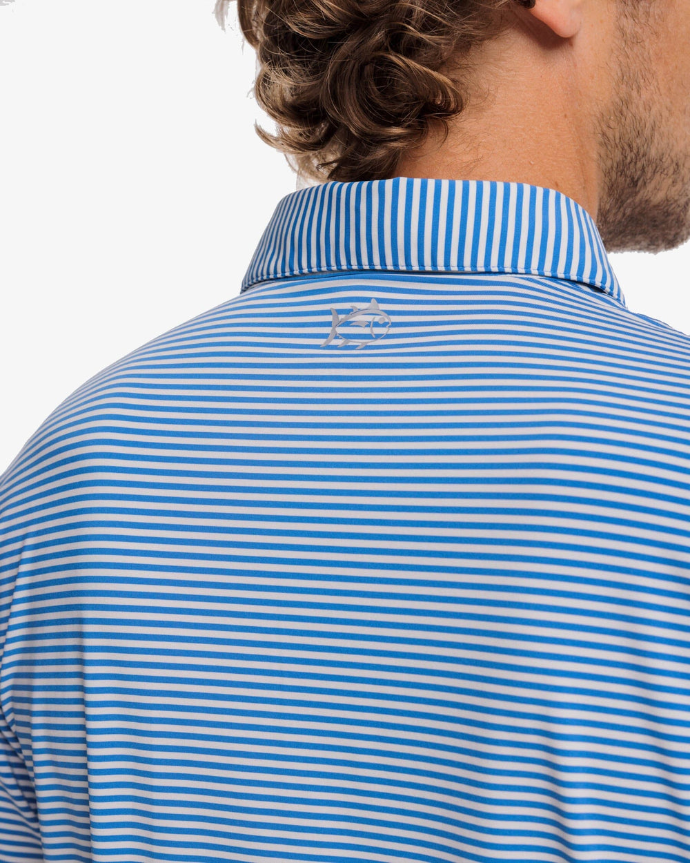 The detail view of the Southern Tide Shores Stripe brrr eeze Performance Polo Shirt by Southern Tide - Cloud White