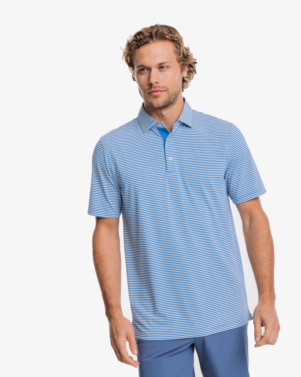 The front view of the Southern Tide Shores Stripe brrr eeze Performance Polo Shirt by Southern Tide - Cloud White