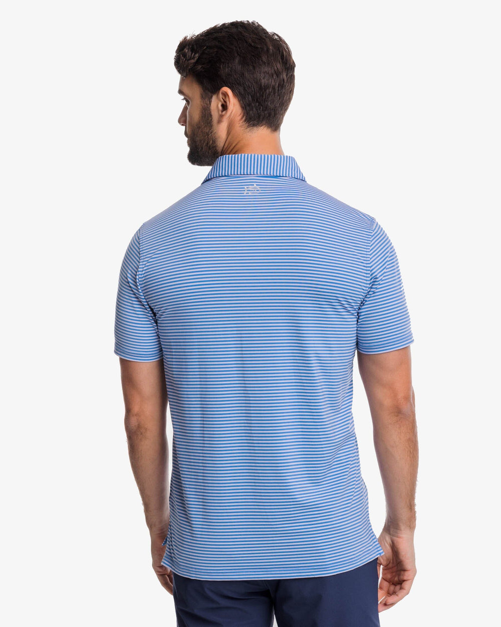 The back view of the Southern Tide Shores Stripe brrr eeze Performance Polo Shirt by Southern Tide - Light Purple