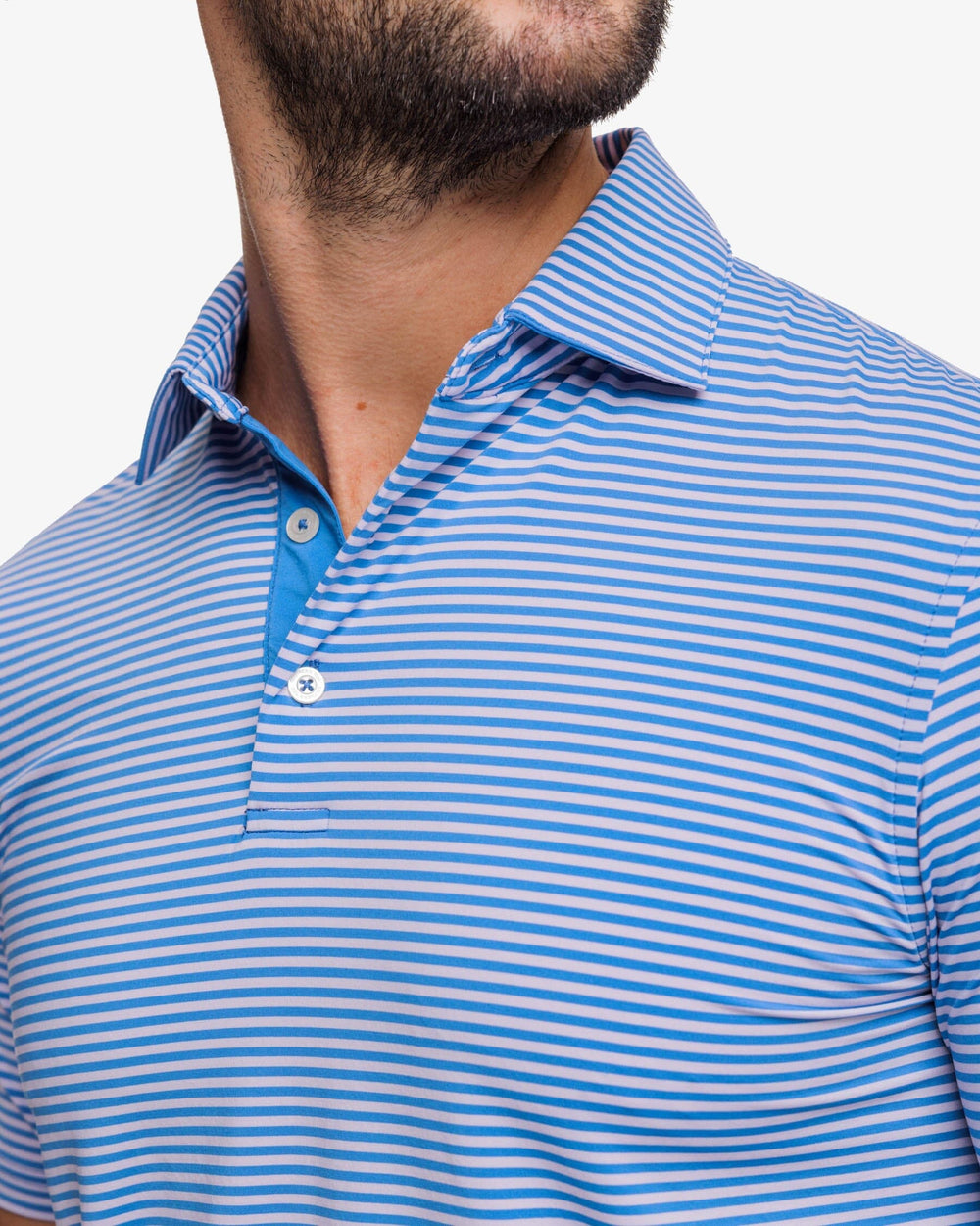 The detail view of the Southern Tide Shores Stripe brrr eeze Performance Polo Shirt by Southern Tide - Light Purple