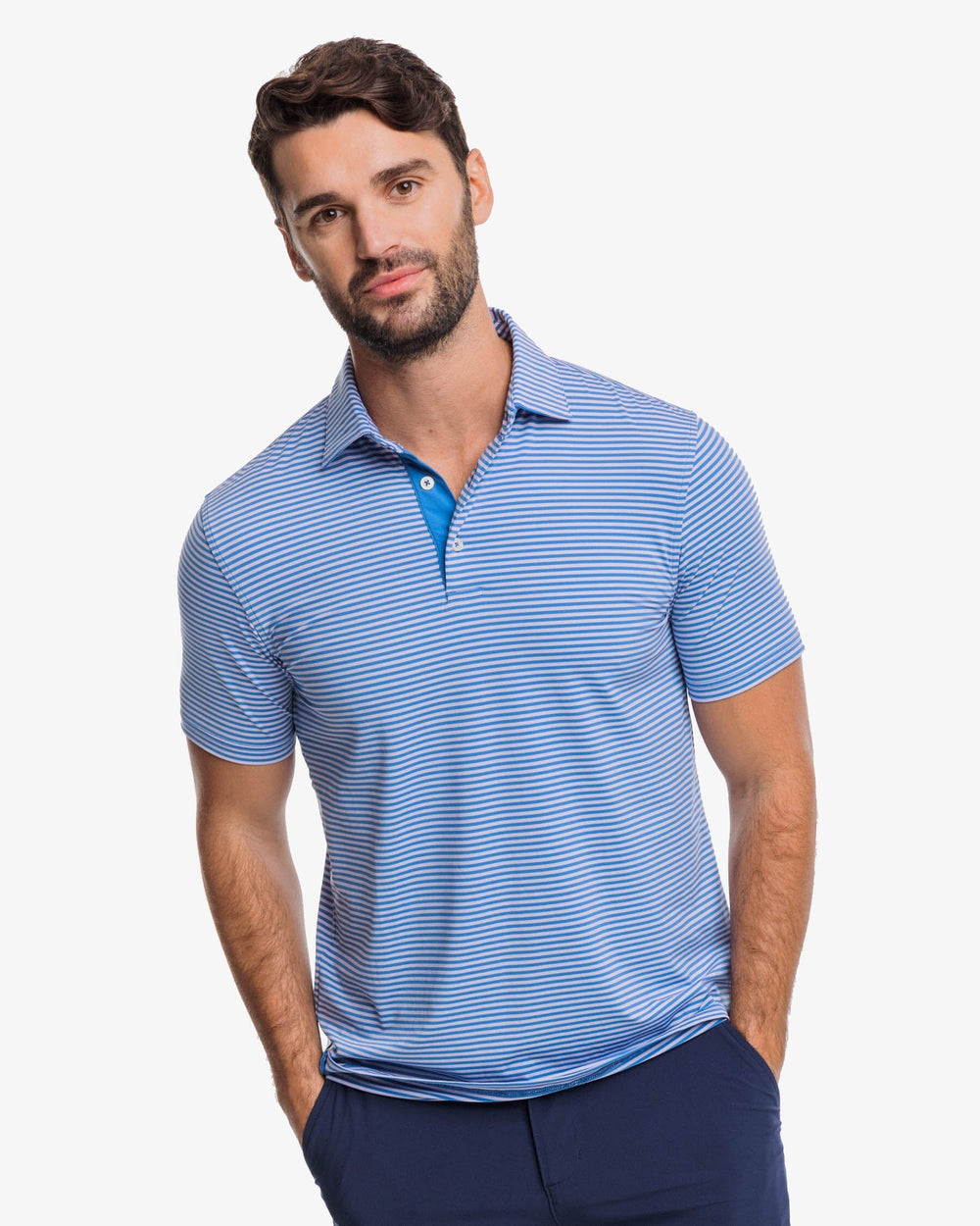 The front view of the Southern Tide Shores Stripe brrr eeze Performance Polo Shirt by Southern Tide - Light Purple