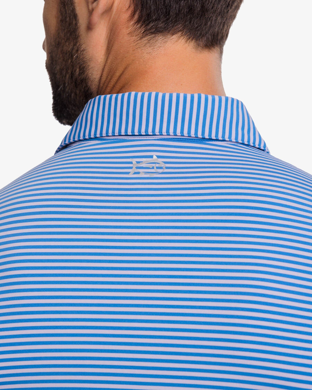 The yoke view of the Southern Tide Shores Stripe brrr eeze Performance Polo Shirt by Southern Tide - Light Purple