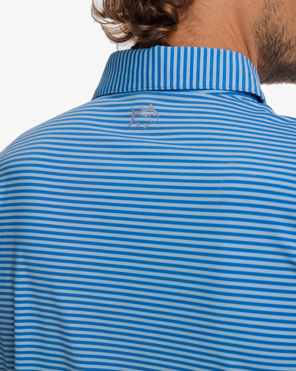 The detail view of the Southern Tide Shores Stripe brrr eeze Performance Polo Shirt by Southern Tide - Rain Water