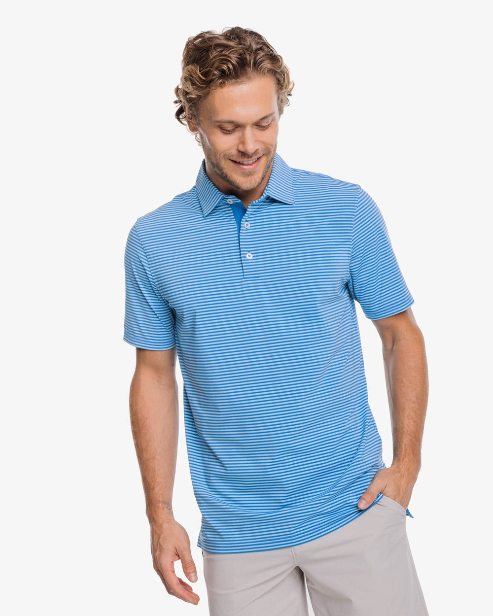 The front view of the Southern Tide Shores Stripe brrr eeze Performance Polo Shirt by Southern Tide - Rain Water