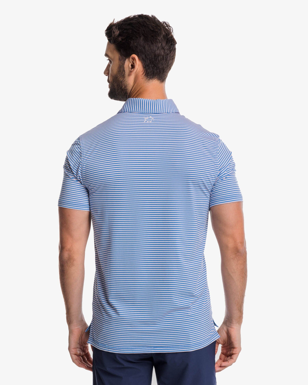 The back view of the Southern Tide Shores Stripe brrr eeze Performance Polo Shirt by Southern Tide - Rose Blush
