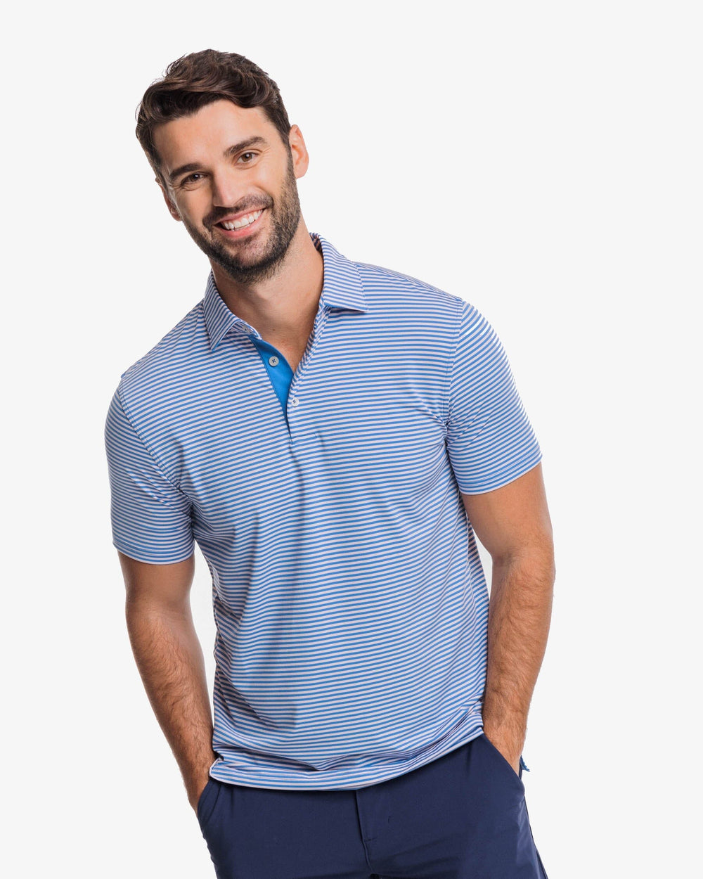The front view of the Southern Tide Shores Stripe brrr eeze Performance Polo Shirt by Southern Tide - Rose Blush