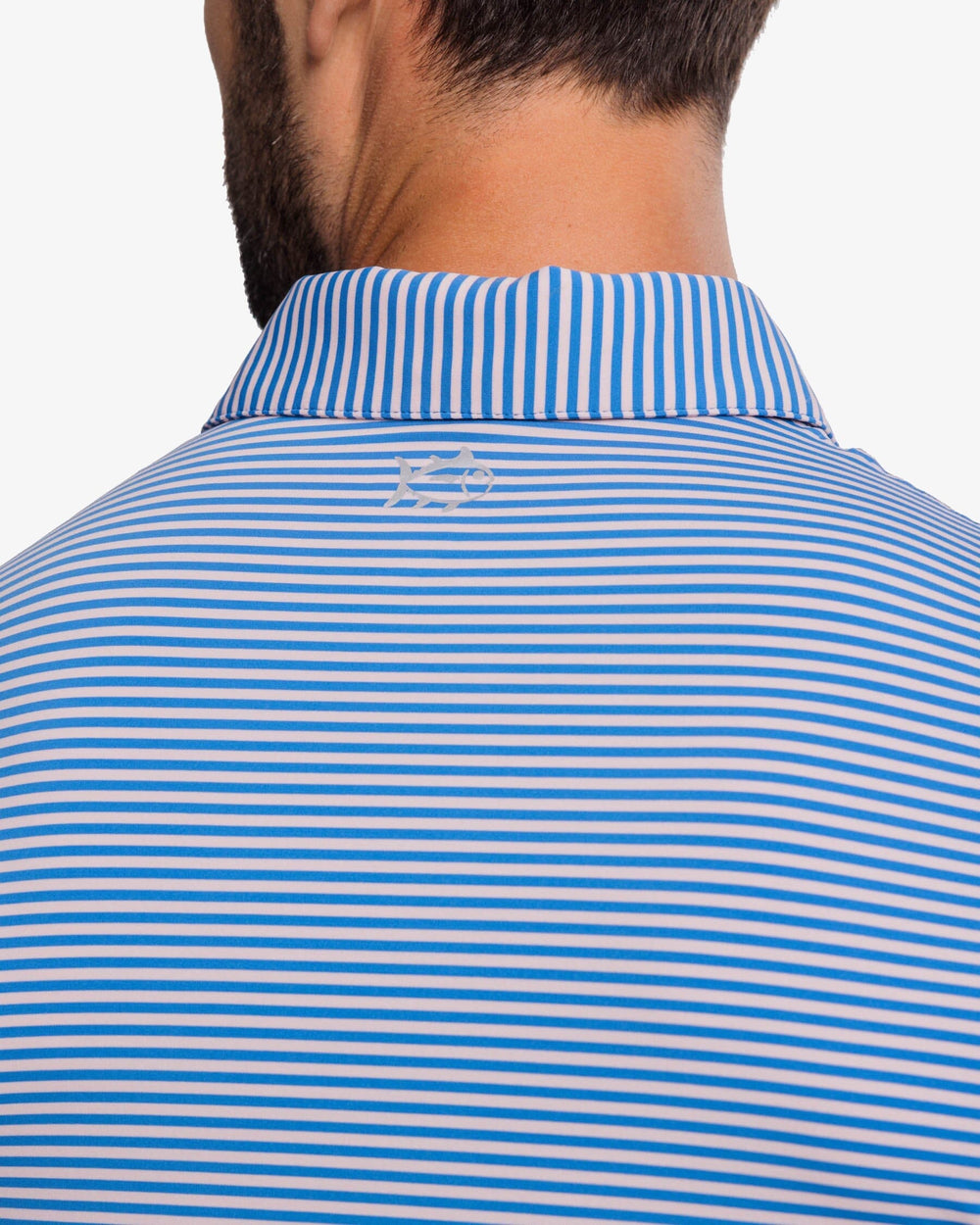 The yoke view of the Southern Tide Shores Stripe brrr eeze Performance Polo Shirt by Southern Tide - Rose Blush