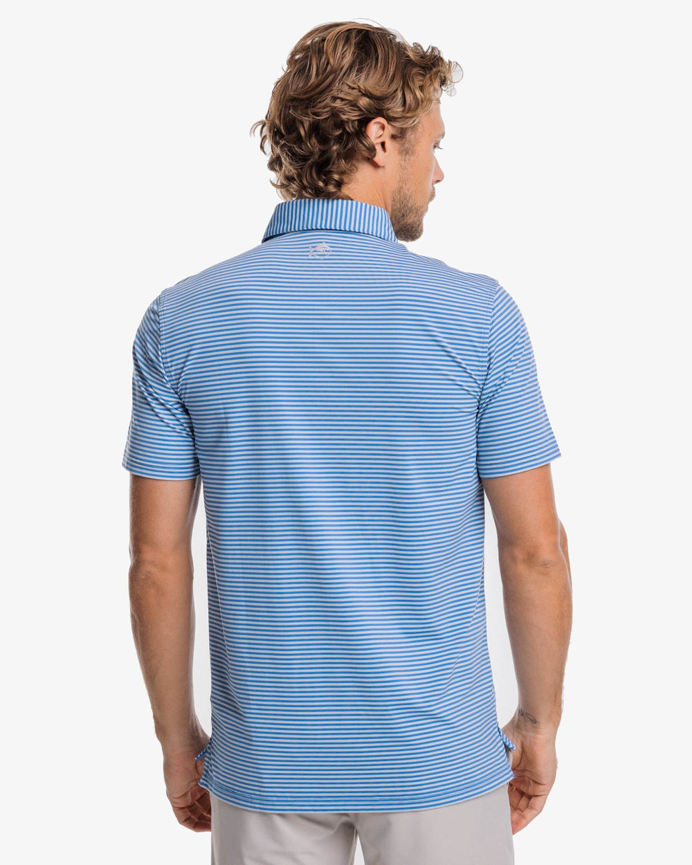 The back view of the Southern Tide Shores Stripe brrr eeze Performance Polo Shirt by Southern Tide - Slate Grey
