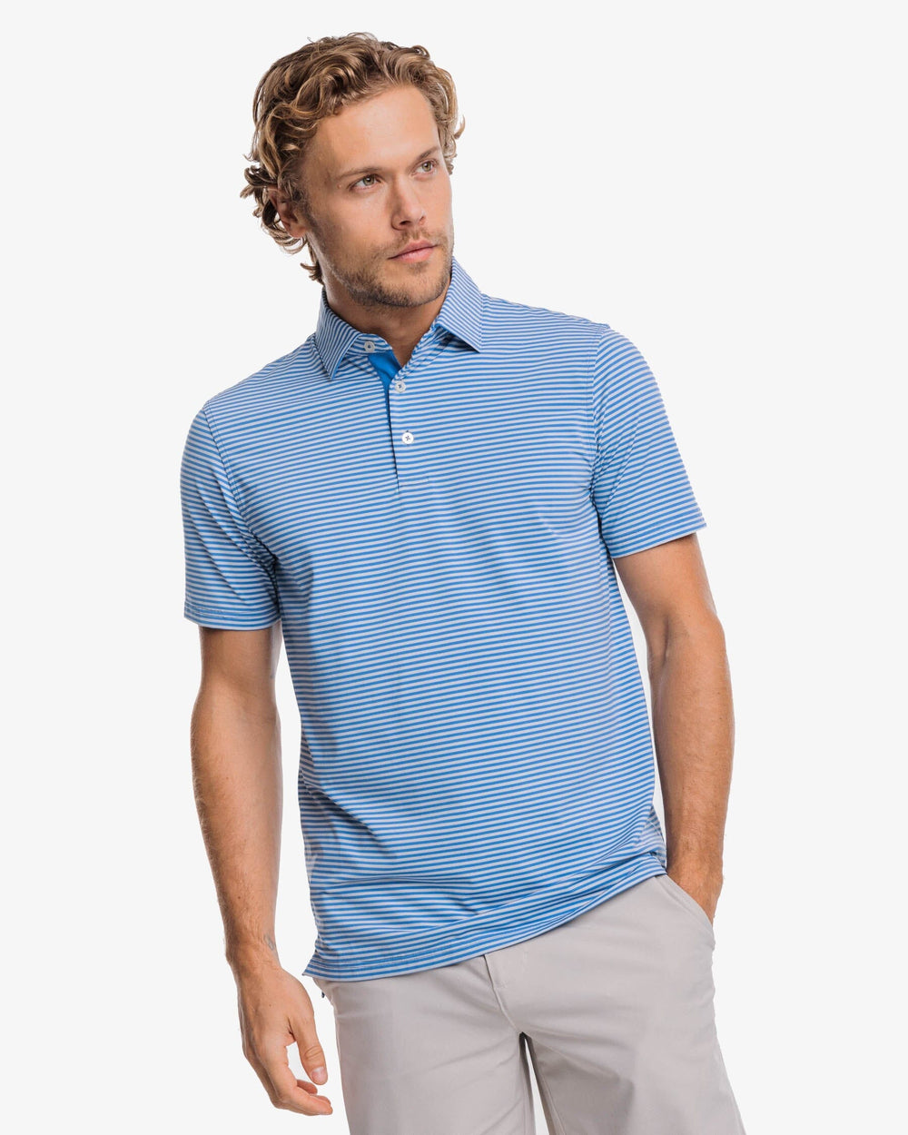 The front view of the Southern Tide Shores Stripe brrr eeze Performance Polo Shirt by Southern Tide - Slate Grey