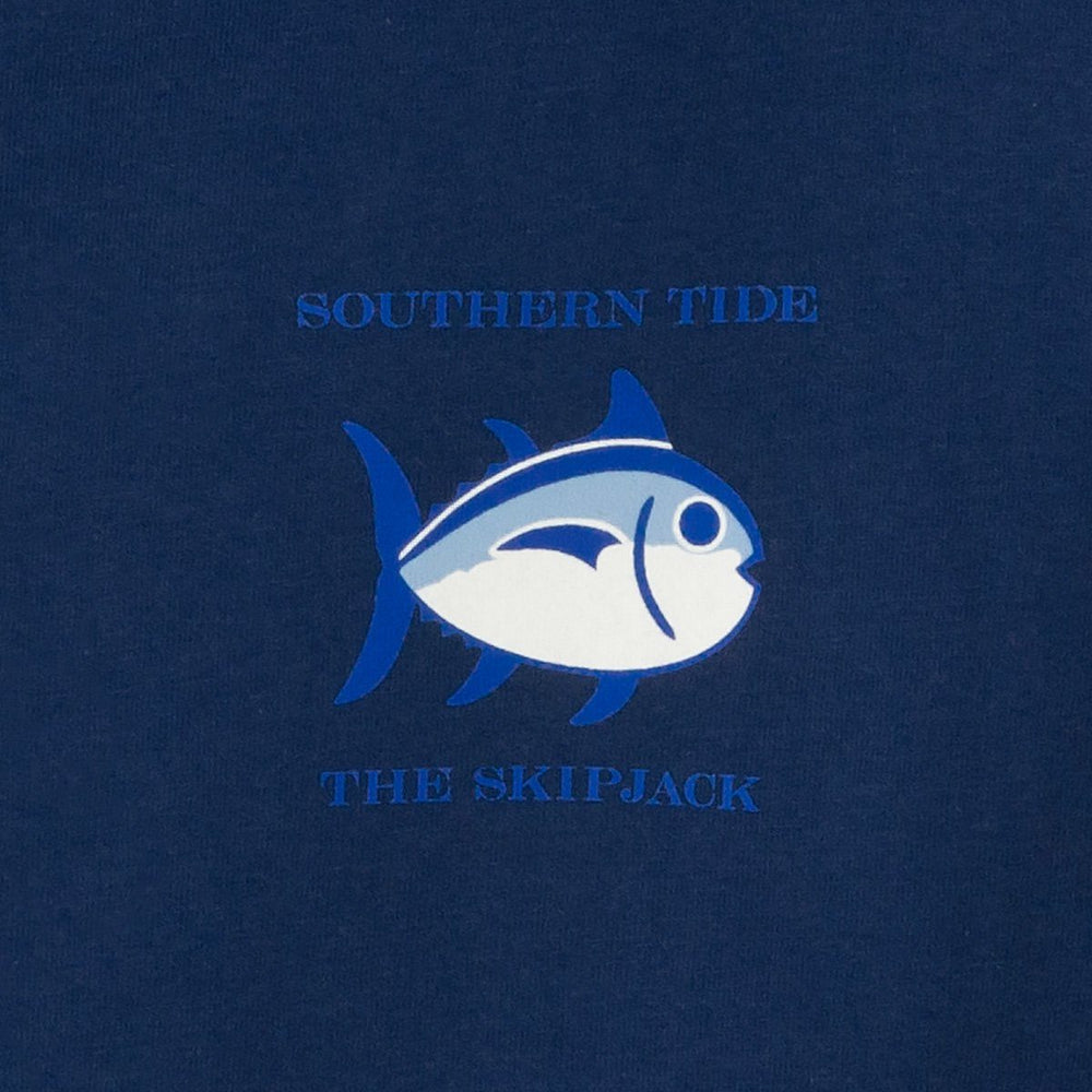 The detail of the Men's Navy Original Skipjack Short Sleeve T-Shirt by Southern Tide - Yacht Blue
