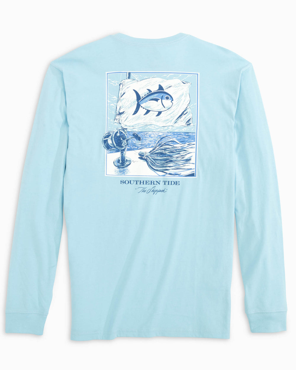 The back view of the Southern Tide Skipjack Fishing Long Sleeve T-Shirt by Southern Tide - Rain Water