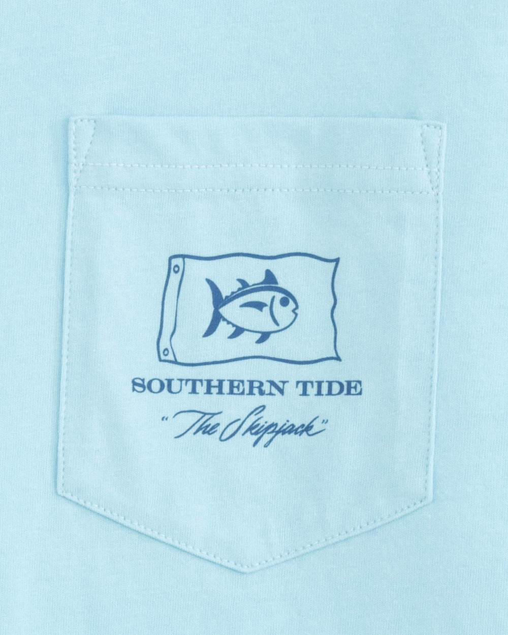 The detail view of the Southern Tide Skipjack Fishing Long Sleeve T-Shirt by Southern Tide - Rain Water