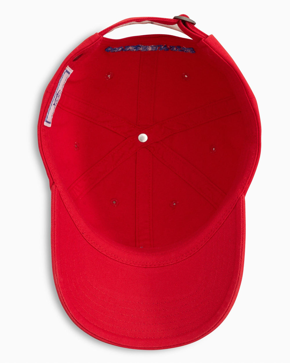 The inside of the Skipjack Hat by Southern Tide - Roman Red