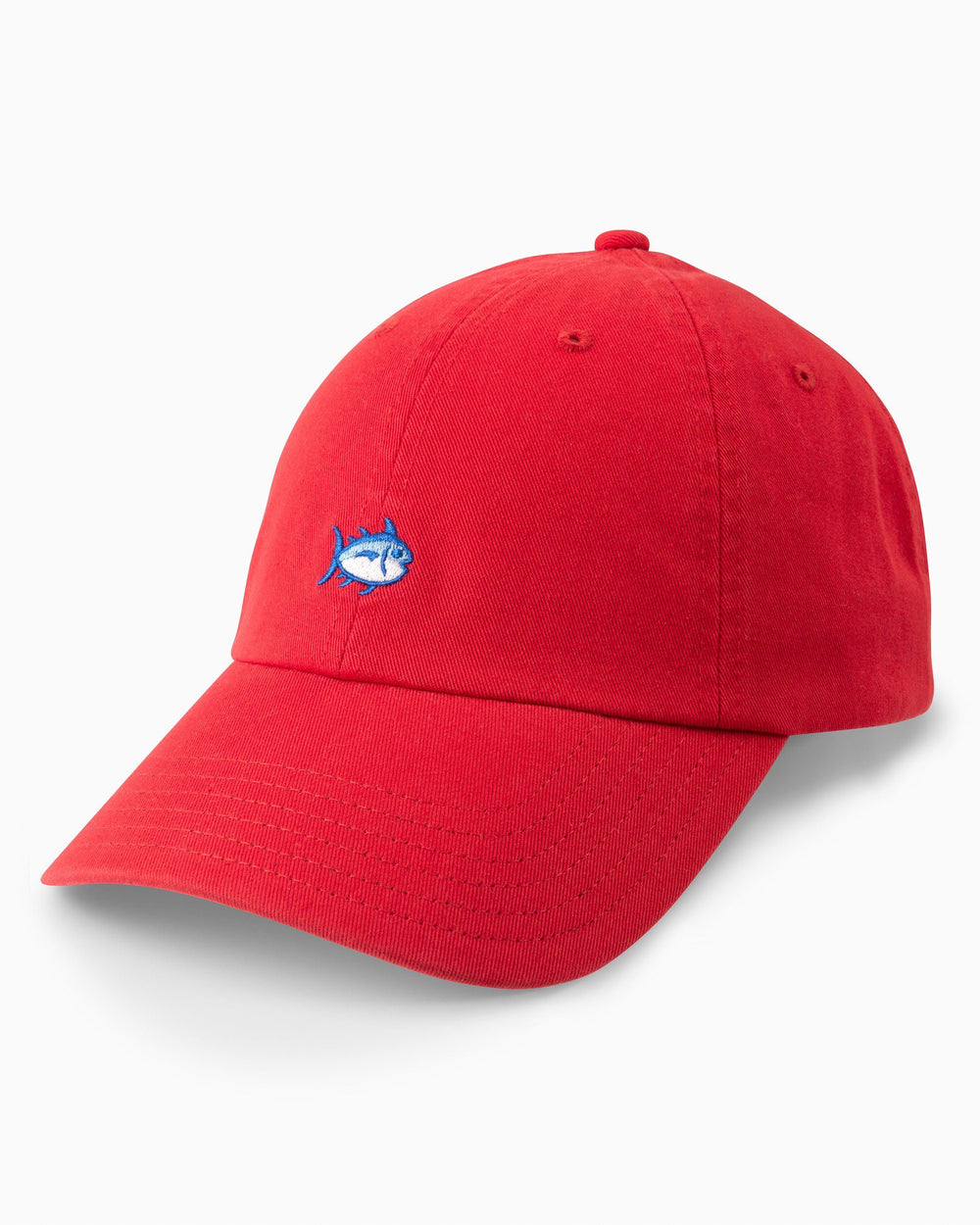 The front of the Skipjack Hat by Southern Tide - Roman Red