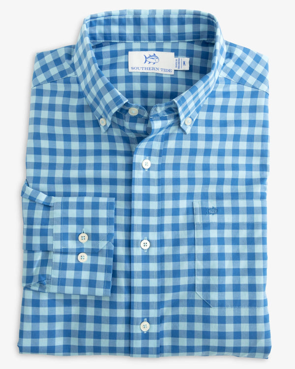 The folded view of the Southern Tide Skipjack Lautner Gingham Intercoastal Sport Shirt by Southern Tide - Rain Water