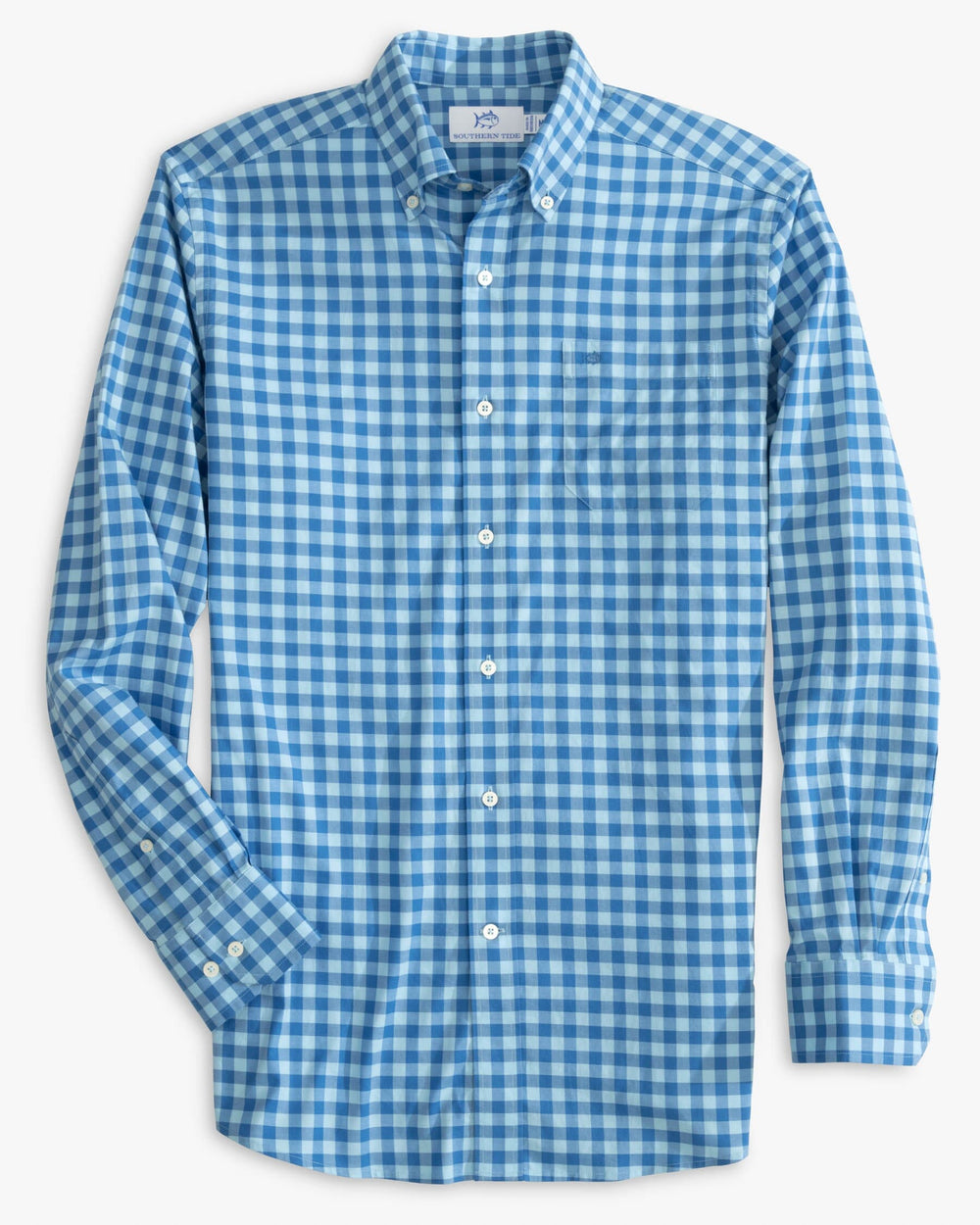 The front view of the Southern Tide Skipjack Lautner Gingham Intercoastal Sport Shirt by Southern Tide - Rain Water