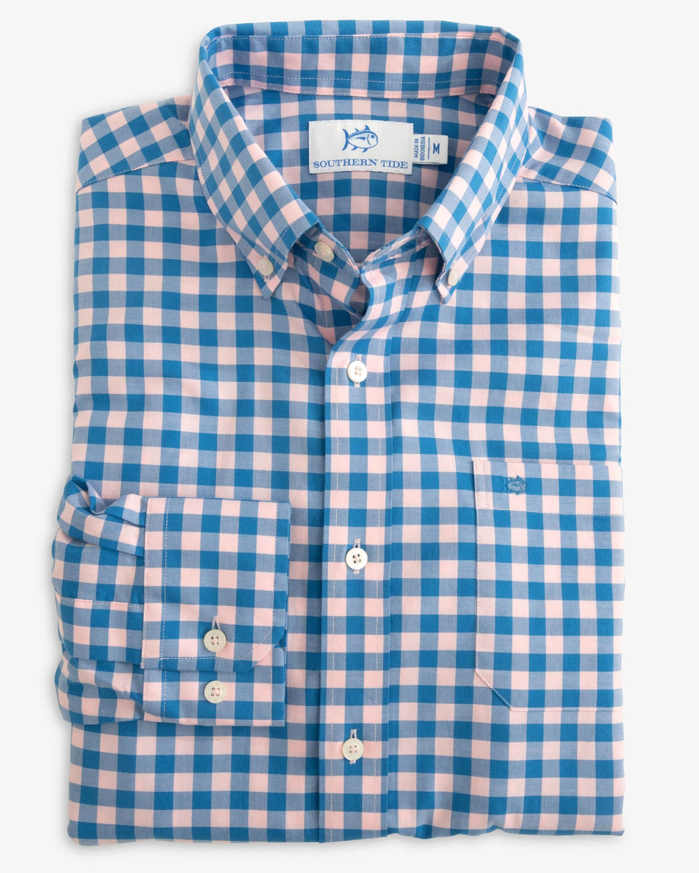 The folded view of the Southern Tide Skipjack Lautner Gingham Intercoastal Sport Shirt by Southern Tide - Rose Blush