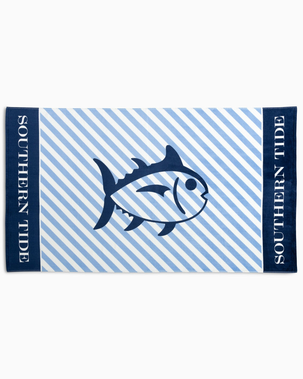 The front view of the Skipjack Striped French Terry Beach Towel by Southern Tide - Classic White