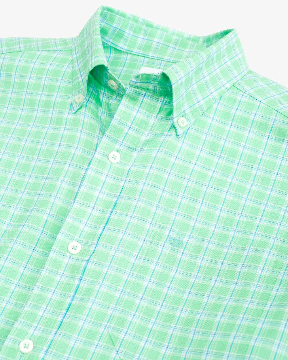 The detail view of the Skipjack Winton Plaid Sport Shirt by Southern Tide - Neptune Green