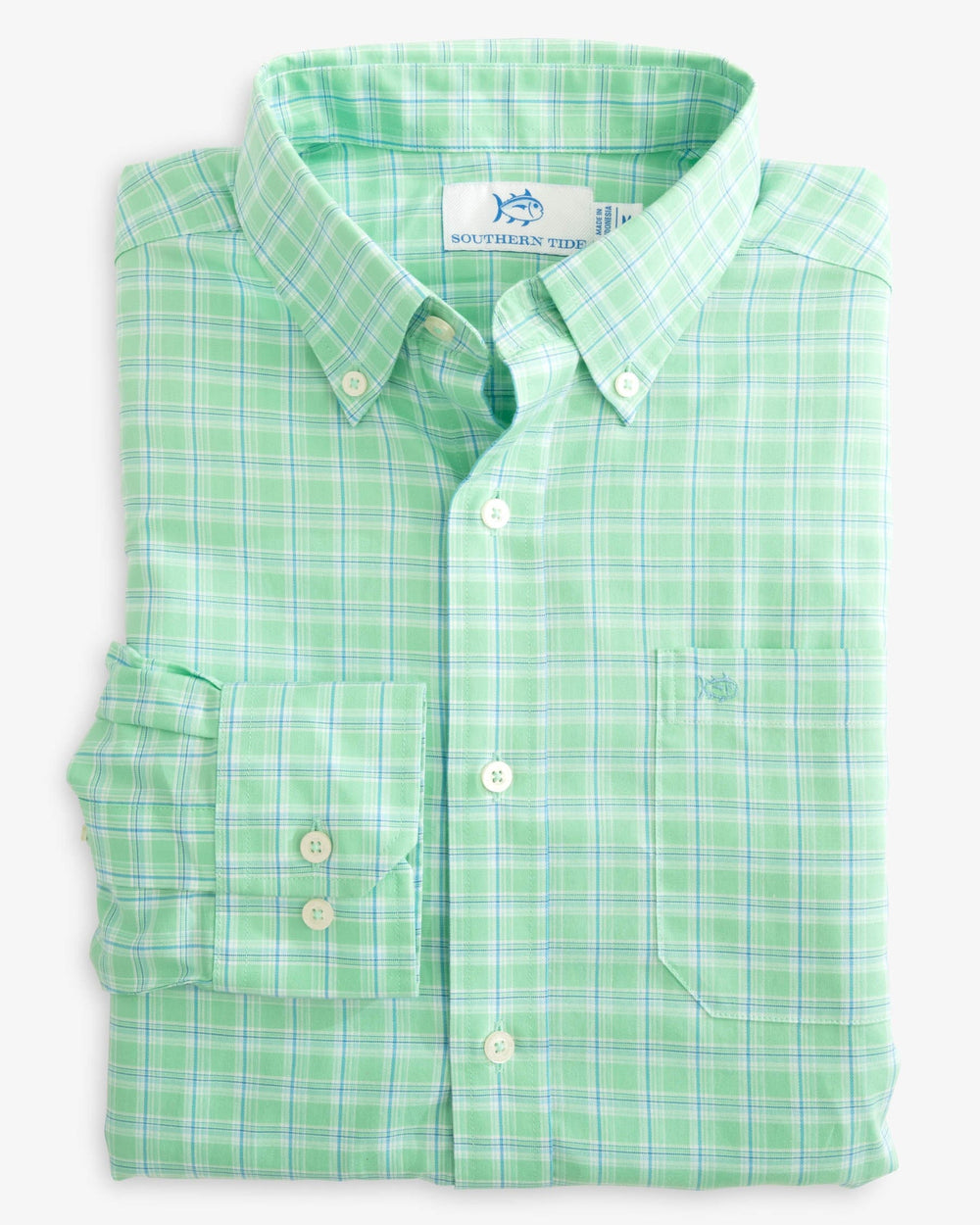 The folded view of the Skipjack Winton Plaid Sport Shirt by Southern Tide - Neptune Green