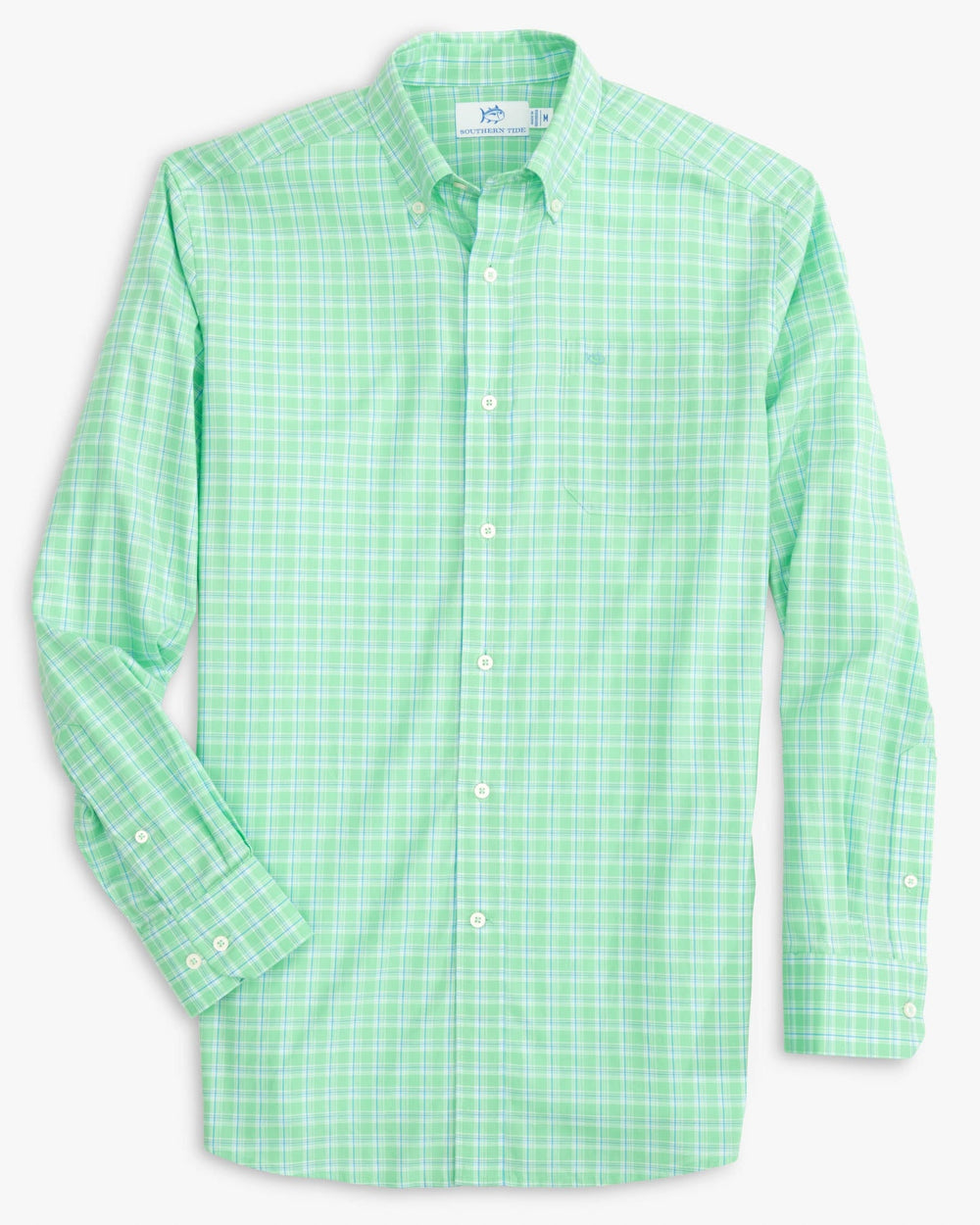 The front view of the Skipjack Winton Plaid Sport Shirt by Southern Tide - Neptune Green