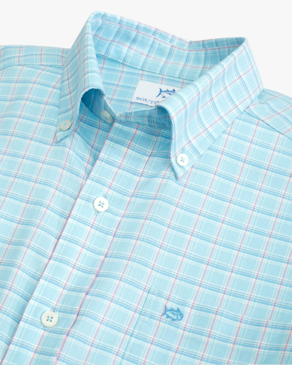 The detail view of the Skipjack Winton Plaid Sport Shirt by Southern Tide - Rain Water