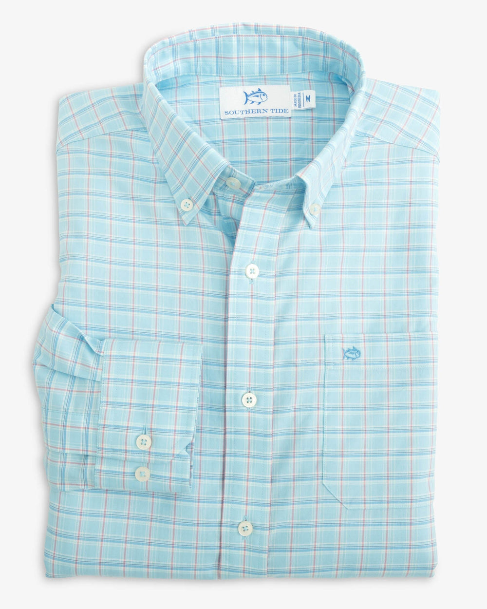 The folded view of the Skipjack Winton Plaid Sport Shirt by Southern Tide - Rain Water