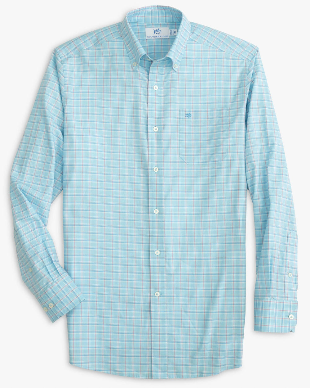 The front view of the Skipjack Winton Plaid Sport Shirt by Southern Tide - Rain Water