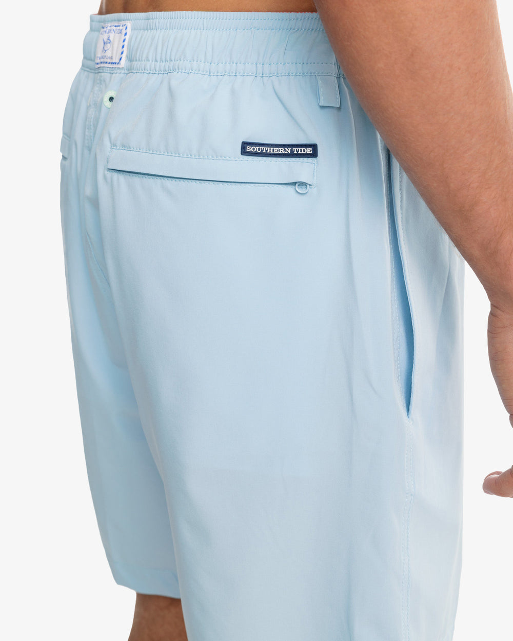 The model detail view of the Men's Solid Swim Trunk by Southern Tide - Aquamarine