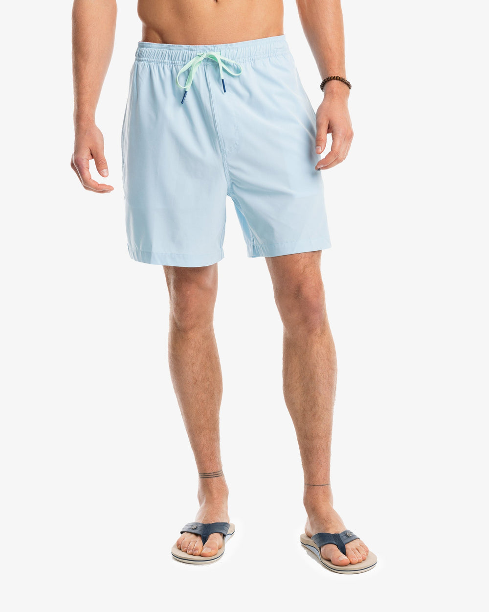 The model front view of the Men's Solid Swim Trunk by Southern Tide - Aquamarine