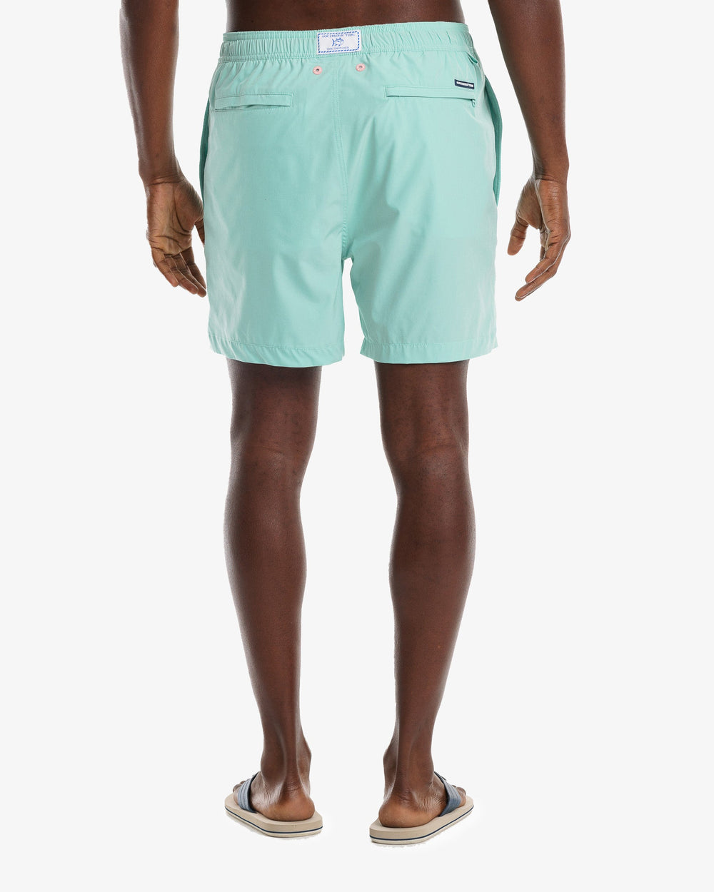 The model back view of the Men's Solid Swim Trunk by Southern Tide - Isle of Pines