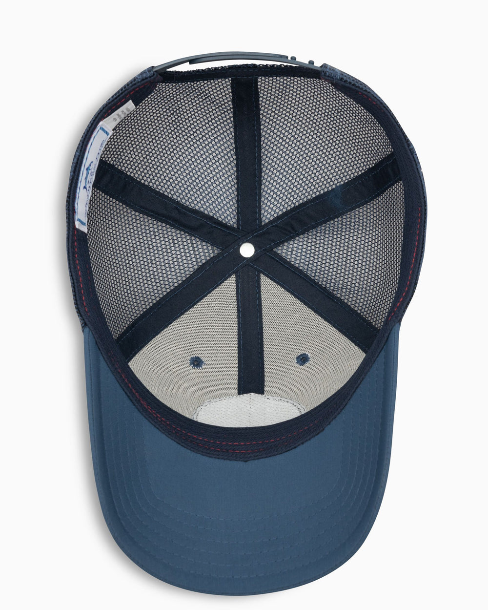 The below view of the Men's South Carolina Patch Performance Trucker Hat by Southern Tide - Seven Seas Blue