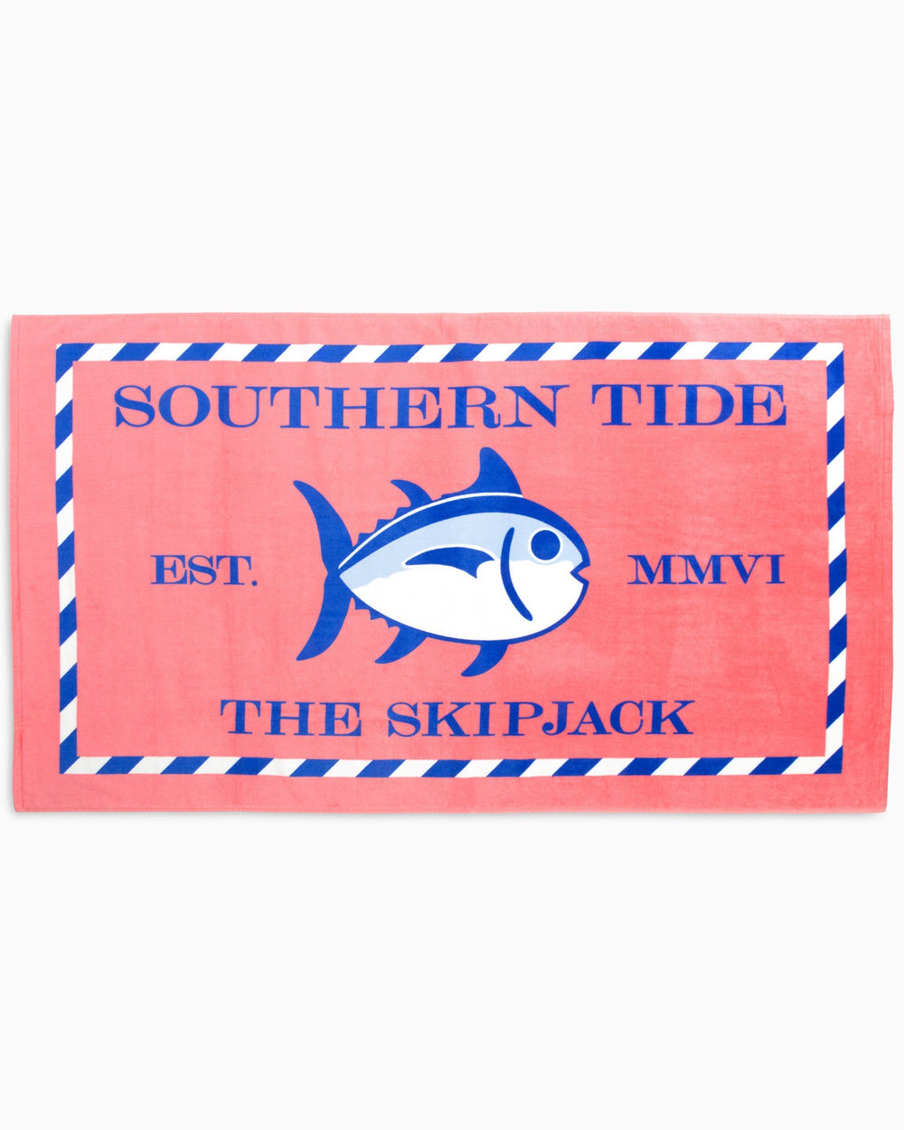 The front view of the Skipjack Beach Towel by Southern Tide - Coral Pink
