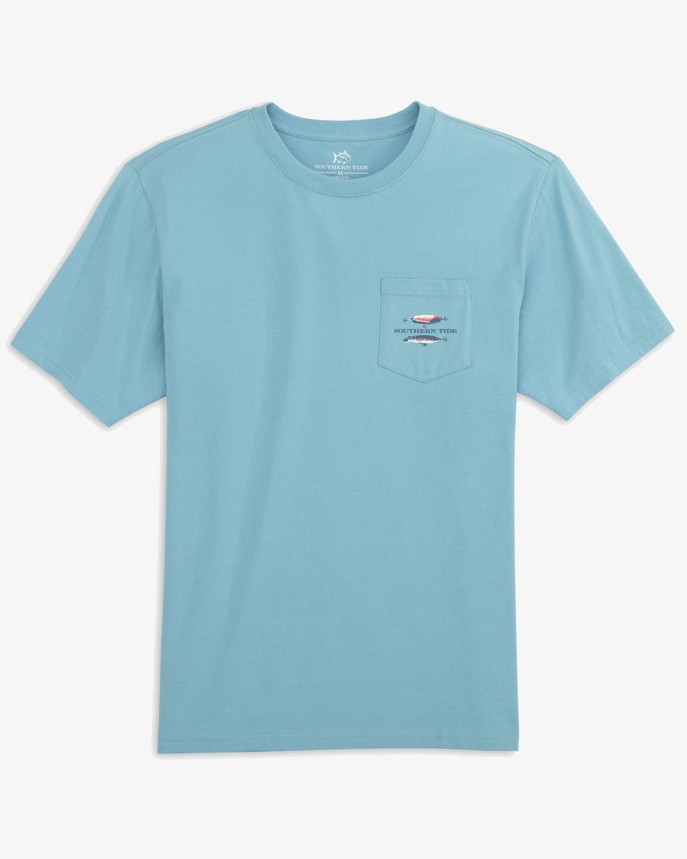 The front view of the Men's Bobbers and Lures Tide T-Shirt by Southern Tide - Brisk Blue